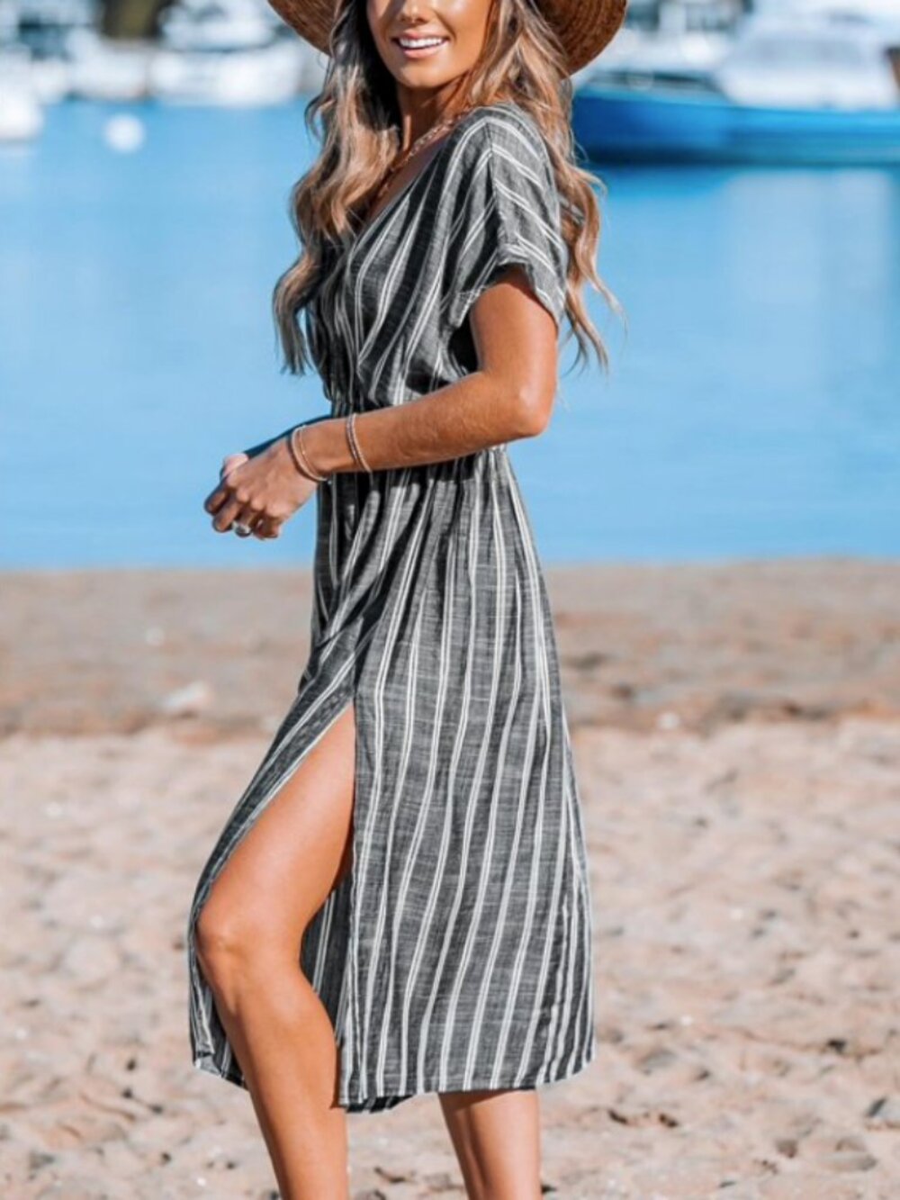 CUPSHE Women's Cover Up V Neck Midi Dress Short Sleeves